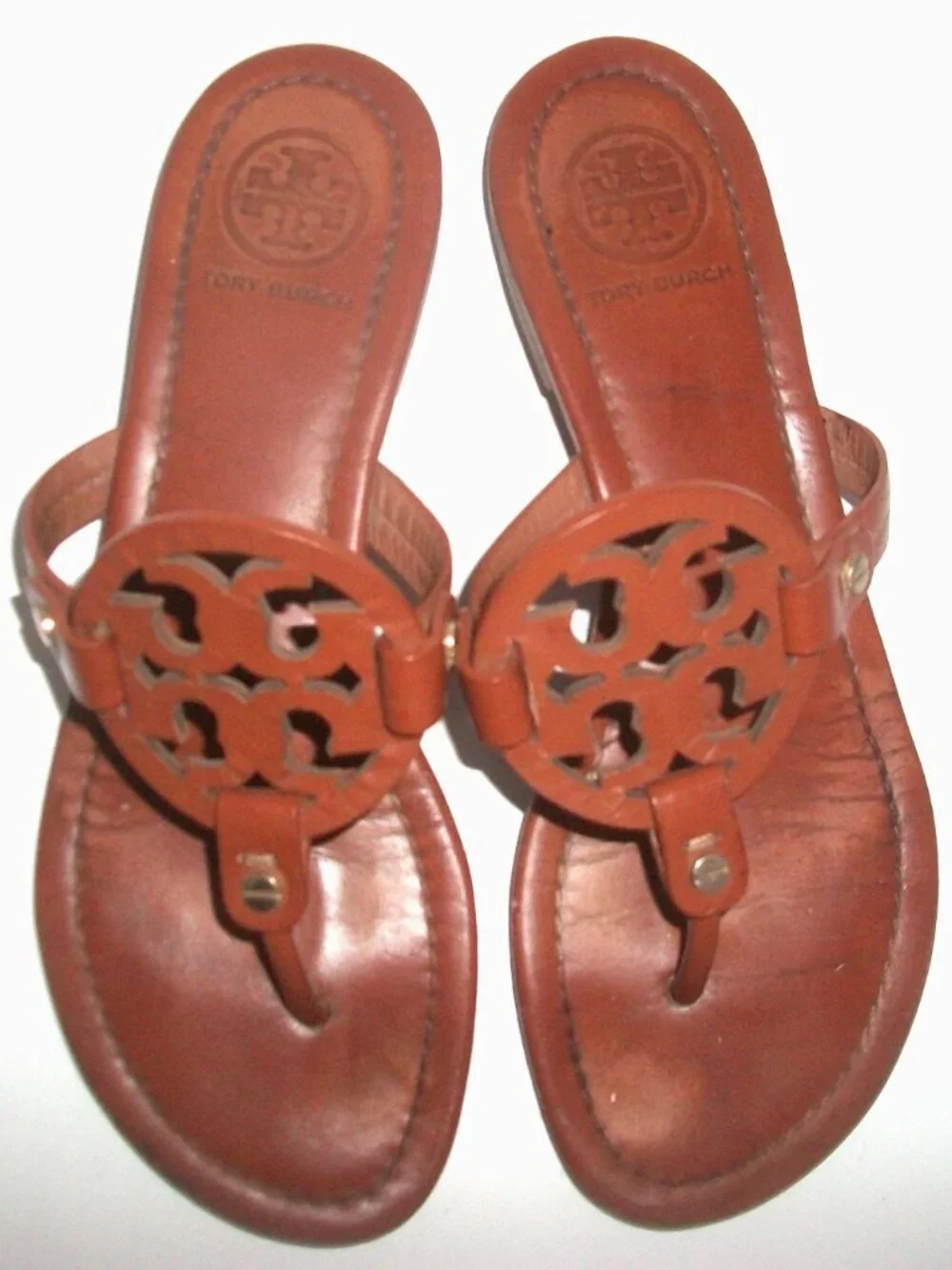 Tory Burch Miller Caramel Leather Large-Logo Thong Sandals